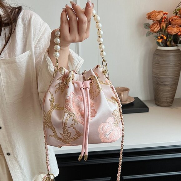 Handbags - Embroidered Floral Pearl Handle Drawstring Bag